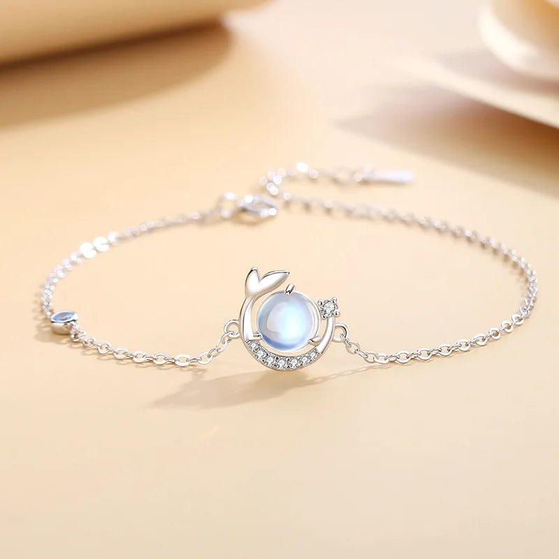 Ryju Sterling Silber niedlichen süßen Fischschwanz Mondlicht Stein Armband für Frauen Mädchen exquisite romantische Schmuck Accessoires