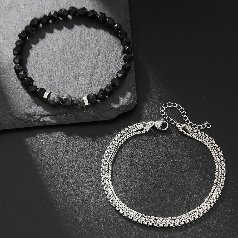 Meetvii 2PC Schwarz Abschnitt Stein Perlen Armbänder für Männer Mode Hip Hop Kette Armband Set Kombination Schmuck