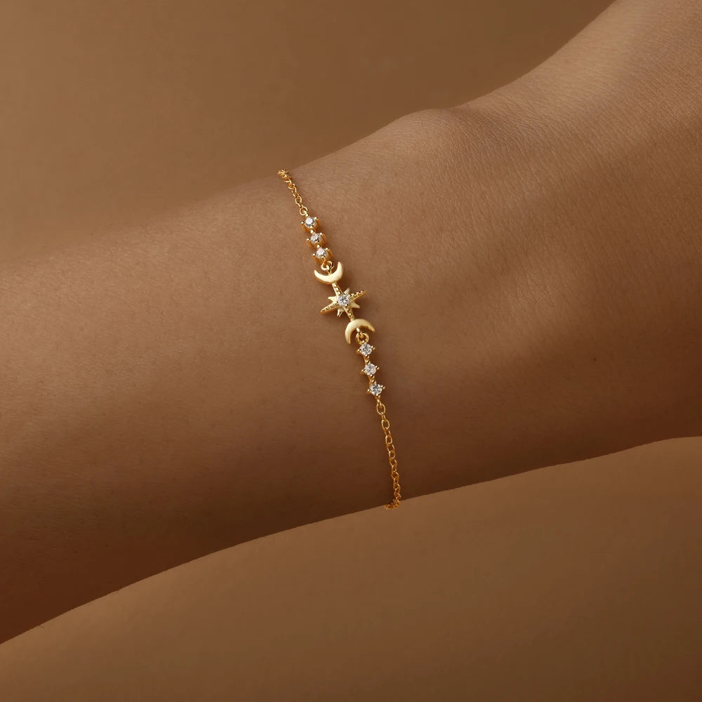 CANNER S925 Sterling Silber Achtzackigen Stern Zirkon Einfache Vielseitige Armband Für Frauen Ins Stern Mond Minimalismus Edlen Schmuck