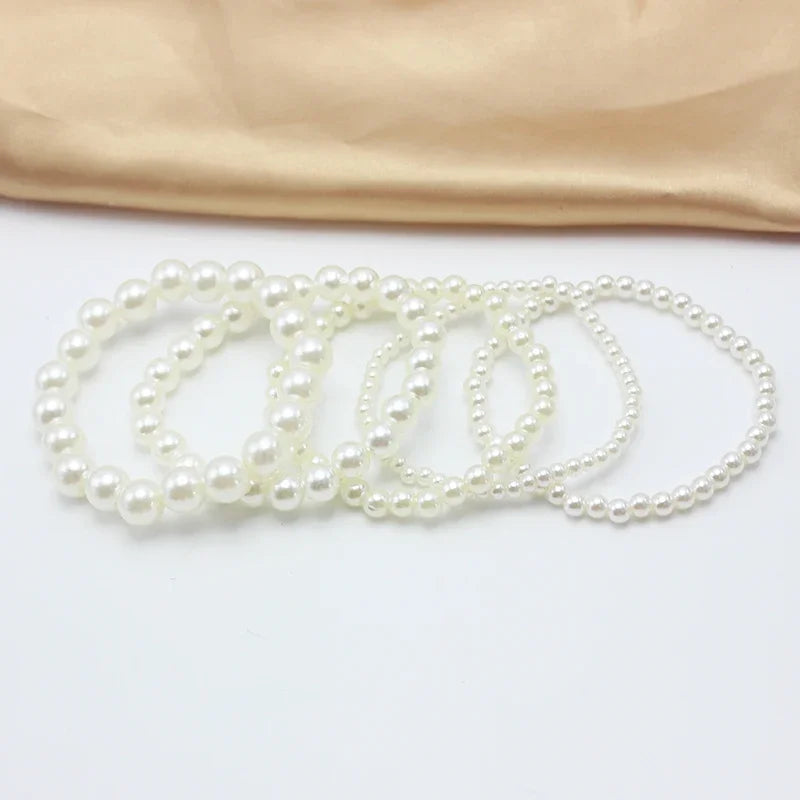 Neue 4–10 mm beige Imitationsperlen, frei verstellbar, 18 cm Umfang, elastisches Armband für Frauen, verschiedene Größen, anpassbares Hochzeitsgeschenk