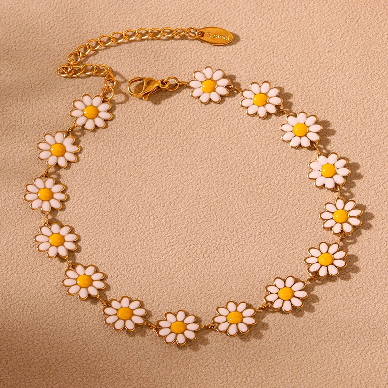 Nivora Emaille Kleine Chrysantheme Blume Kette Halskette Armbänder Fußkettchen Für Frauen Edelstahl Hochzeit Schmuck Sets