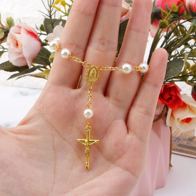 Tauf-Mini-Rosenkranz, elfenbeinfarbene Kunstperlen für Kreuz-Armband, für Taufe/Babyparty, Hochzeit/Urlaub