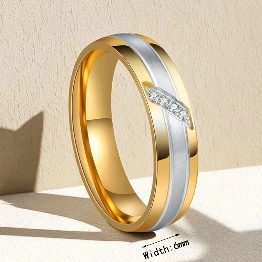 1 Stück Goldton versilberter Edelstahl Titan Ring Kubikzircon Strass Paar Verlobung Hochzeit Schmuck Männer Frauen