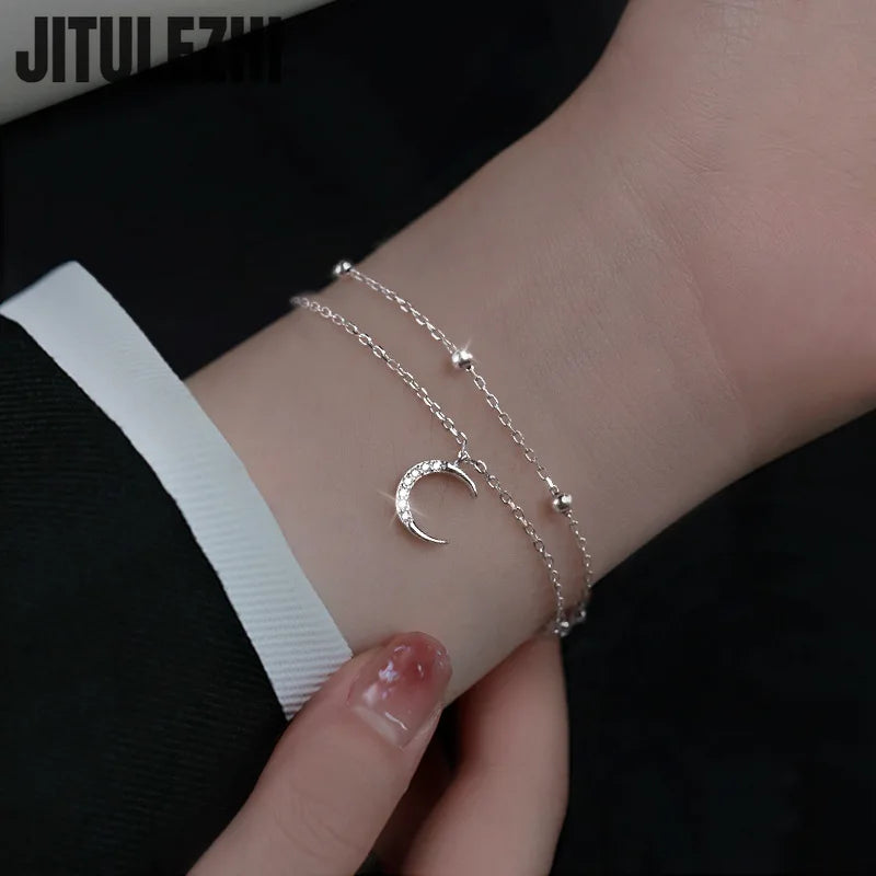 Armband aus 925er-Sterlingsilber für Damen, doppellagiges Stern- und Mond-Armband, faltbares Design-Sense-Sommer-Stern-Mond-Stern-Armband für Damen