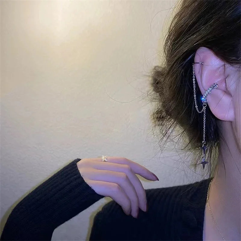 Shiny Kreuz Stern Silber Farbe Kristall Quaste Manschette Ohr Clip Ohrring Für Frauen Strass Gefälschte Knorpel Piercing Ohrring Schmuck