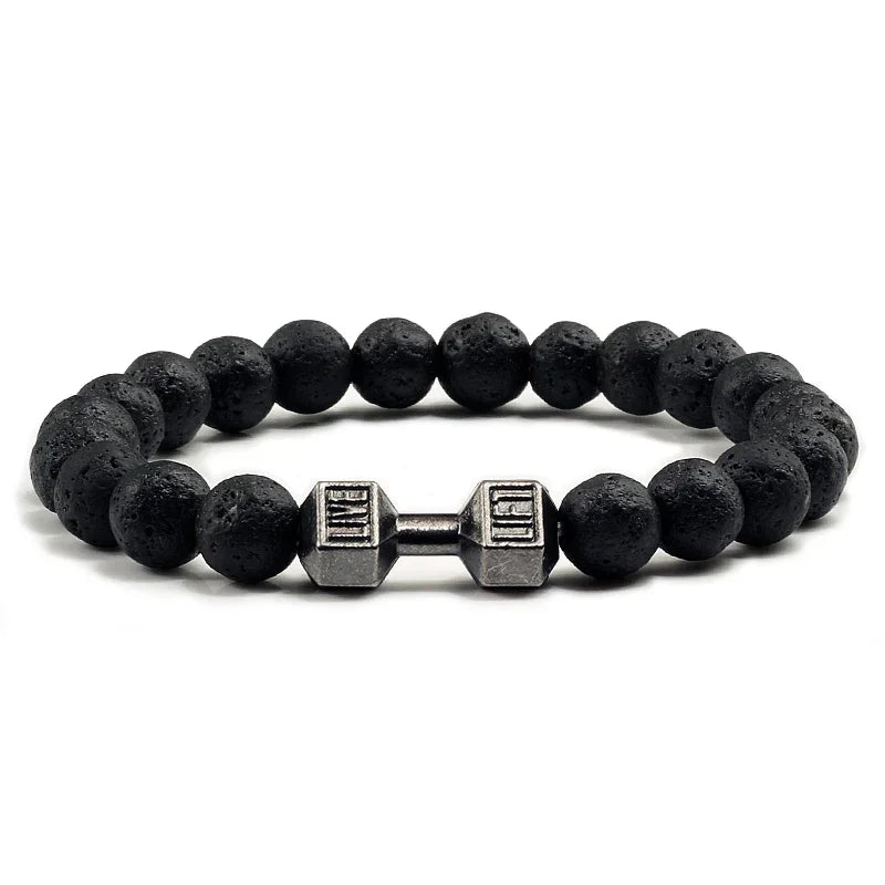 1pc Natürliche Schwarze Vulkanische Lava Stein Hantel Armband Schwarz Matte Perlen Armbänder Für Frauen Männer Fitness Barbell Schmuck Pulser