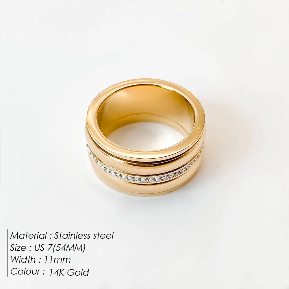 eManco Wide Face Intarsien Strass vergoldet Ring Metallic Paar Edelstahl Schmuck Ringe Fabrik Direkt Großhandelspreis