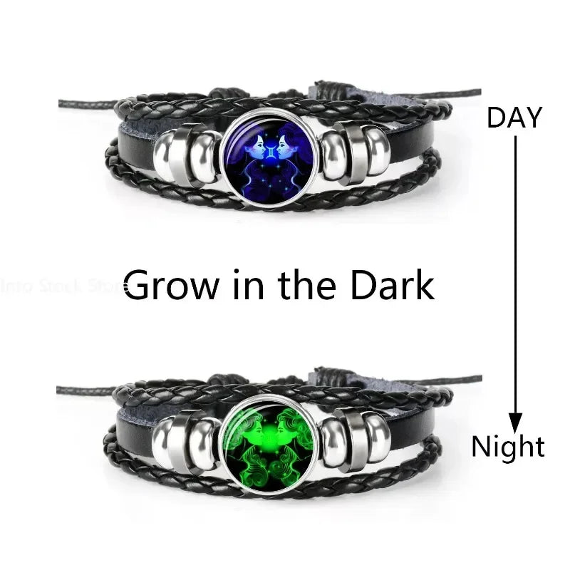 Zwillinge Löwe, Waage, Skorpion, Schütze, 12 Sternbild, leuchtendes Armband, Lederarmband, Sternzeichen-Charm-Schmuck, Armband für Herren