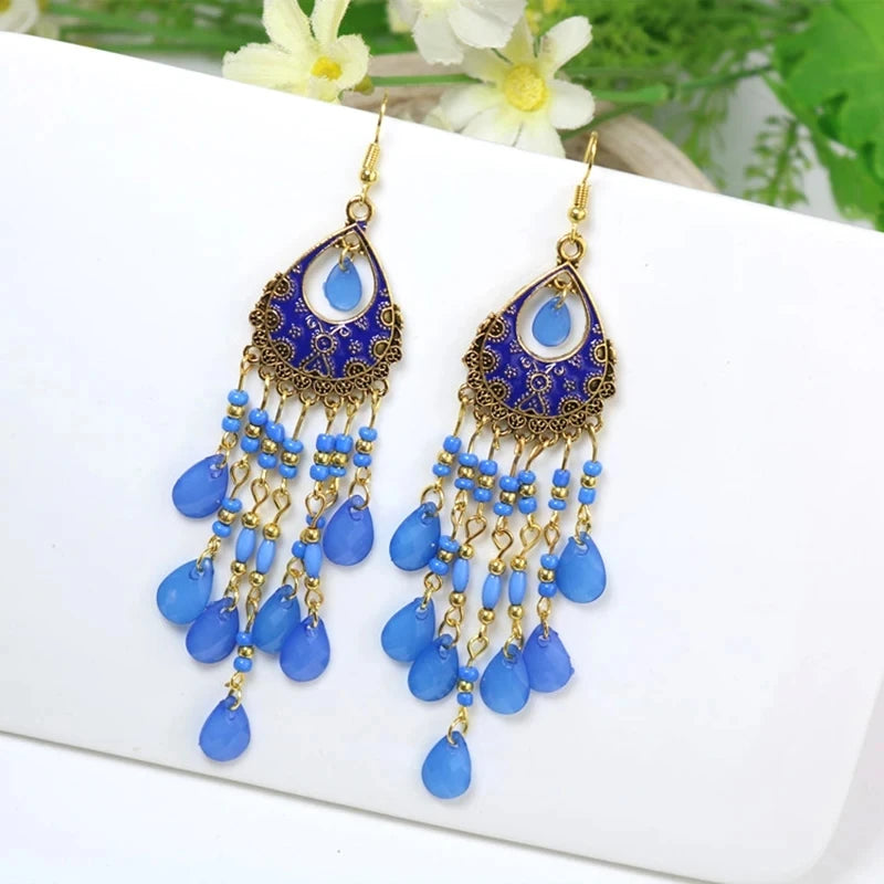 Bohemian Lange Bunte Quaste Perlen Wasser Tropfen Baumeln Ohrringe Für Frauen Vintage Gold Farbe Tropfen Glasur Ohrringe Pendientes Mujer
