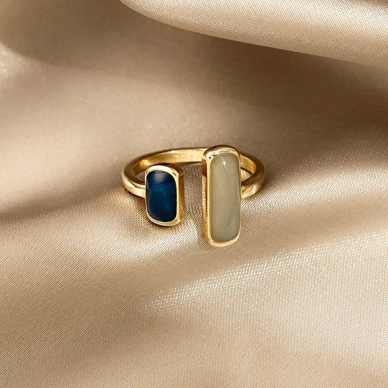 FTCY Quadratischer blauer Tropfglasur-Ring für Frauen, Retro, geometrisch, goldfarben, Metall-Öffnungsringe, Hochzeit, Geburtstag, Damenschmuck, Geschenk