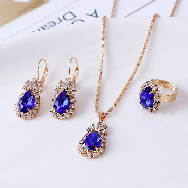 Blauer Kristall Ring Halskette Ohrringe Set Hochzeit Schmuck Sets für Bräute Anhänger Ohrringe für Mädchen Frauen Afrikanische Schmuck Sets