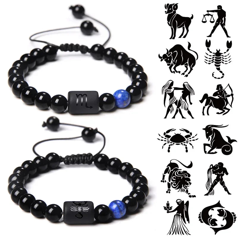 12-Sternbild-Sternzeichen-Armband, schwarze Onyx-Perlen, Krebs-Löwe, Onyx, geflochtenes Armband für Damen und Herren, Paare, Schmuck, Geschenk