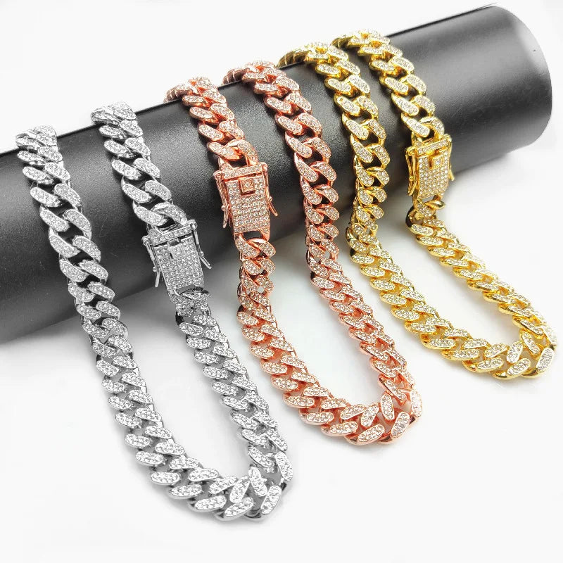 Volle Kristall Stein Kubanischen Kette Hip Hop Armband Für Männer Silber Farbe Metall Link Kette Strass Glück Verschluss Herren Armband