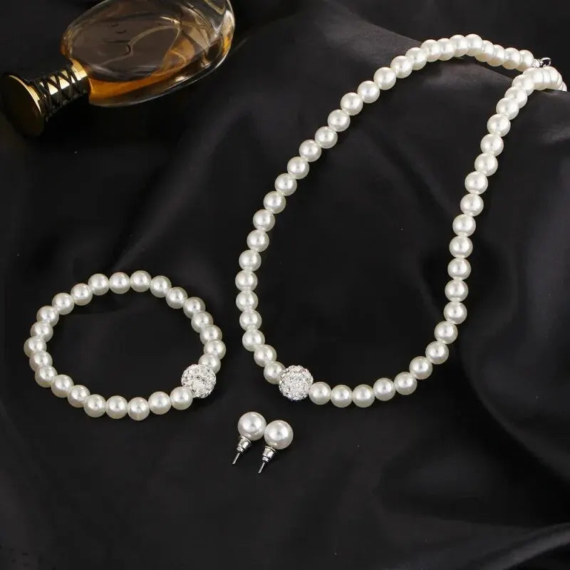 3-teiliges Set mit Imitationsperlen, Halskette, Armband, Ohrstecker, Set, Feuerball, Perlen, Perlen, Damen, Luxus-Brautparty-Schmuckset