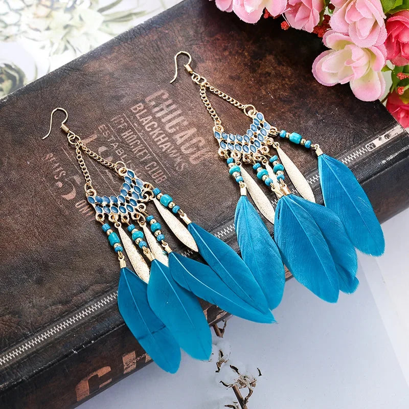 Bohemian Ethnische Feder Baumeln Ohrringe Für Frauen Trendy Lange Quaste Bunte Perlen Tropfen Ohrringe Mädchen Weibliche Boho Schmuck