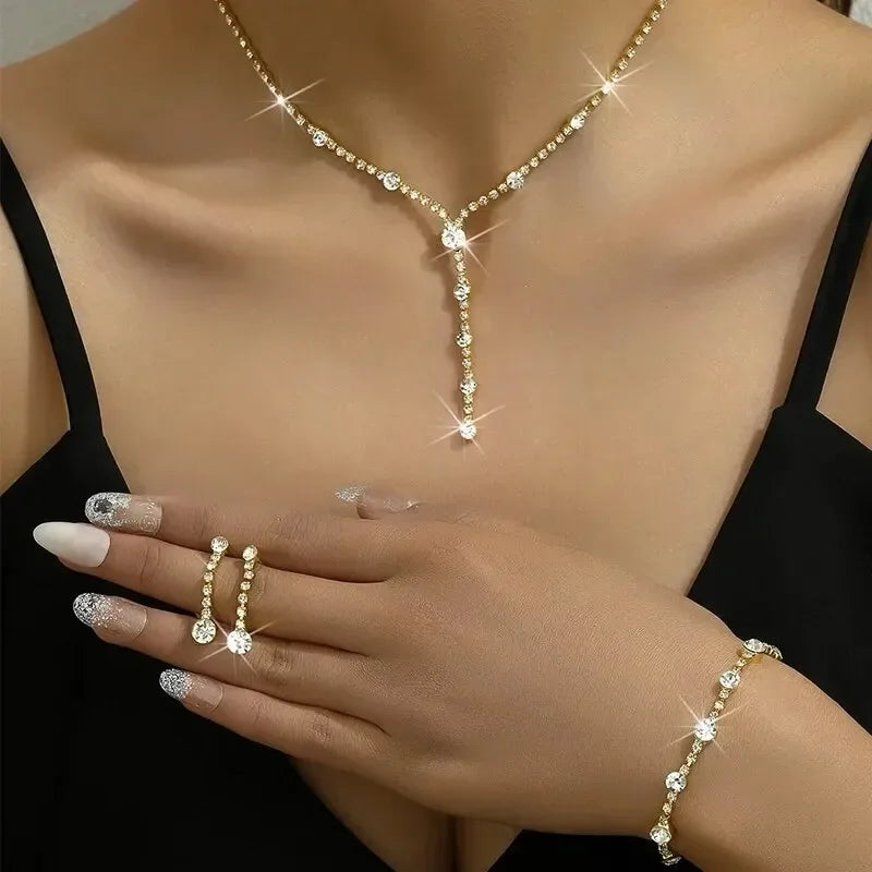 4PC Damenmode Trend Minimalist Wasser Diamant Ohrringe Halskette Armband Schmuckset Hochzeit Bankett Party Festival Geschenk