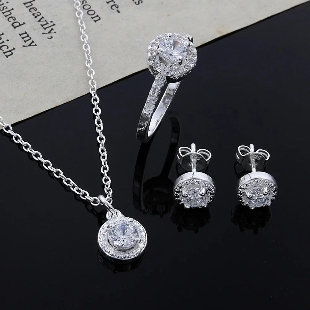 Zirkon Kristall Silber Schmuck Halskette Ring Ohrringe Set dreiteiligen Set Schmuck