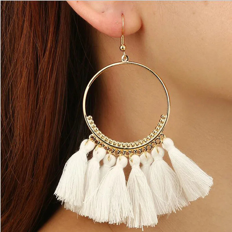 LOVBEAFAS Böhmischen Lange Schwarz Quaste Ohrringe Für Frauen Vintage Gold Farbe Runde Ohrringe Baumwolle Seil Fringe Schmuck Geschenk