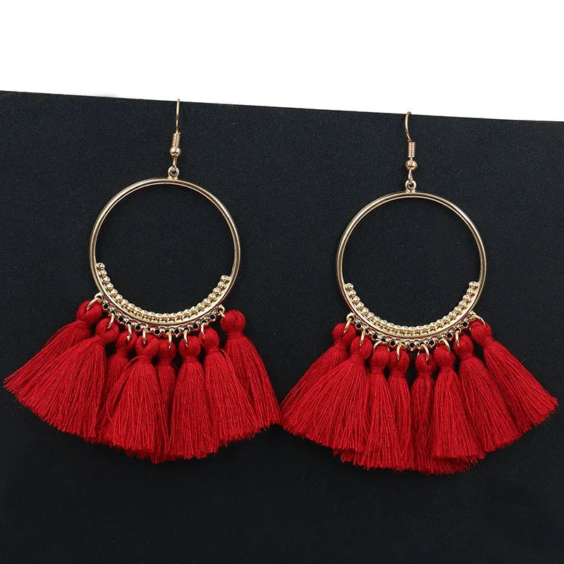 LOVBEAFAS Böhmischen Lange Schwarz Quaste Ohrringe Für Frauen Vintage Gold Farbe Runde Ohrringe Baumwolle Seil Fringe Schmuck Geschenk