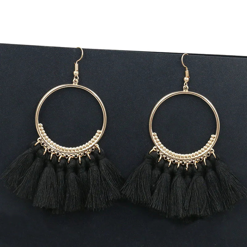 LOVBEAFAS Böhmischen Lange Schwarz Quaste Ohrringe Für Frauen Vintage Gold Farbe Runde Ohrringe Baumwolle Seil Fringe Schmuck Geschenk