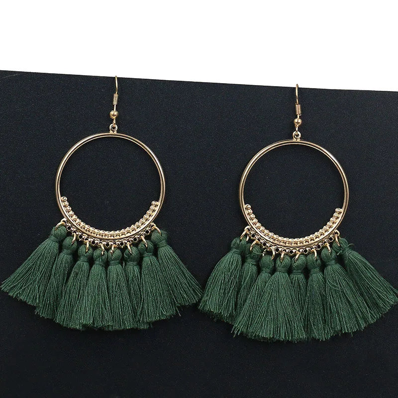 LOVBEAFAS Böhmischen Lange Schwarz Quaste Ohrringe Für Frauen Vintage Gold Farbe Runde Ohrringe Baumwolle Seil Fringe Schmuck Geschenk