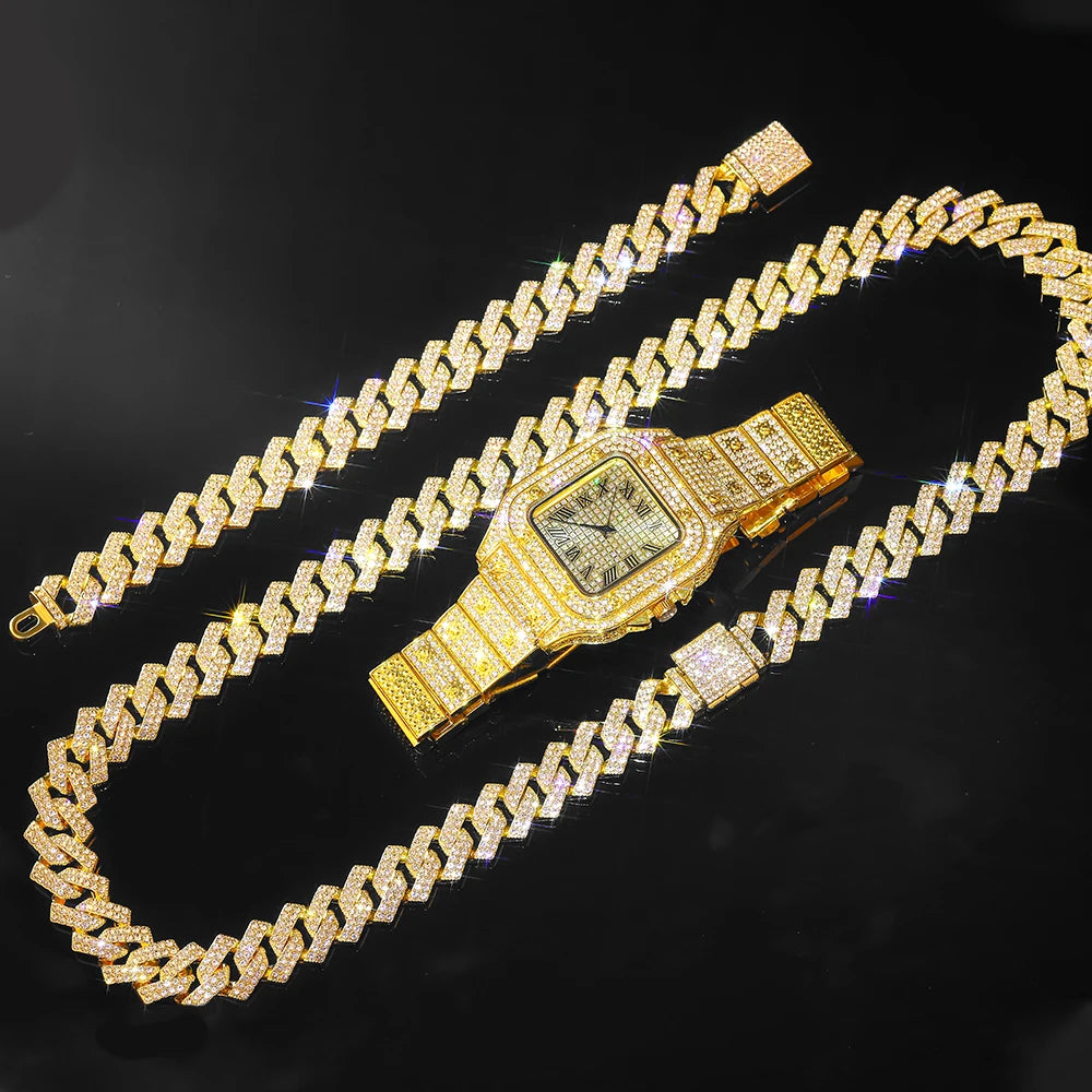 Goldfarbene kubanische Kettenuhr für Herren, Hip Hop Miami Curb, Iced Out gepflasterte Strasssteine, Bling Rapper Halskette, Uhr + Armbandschmuck