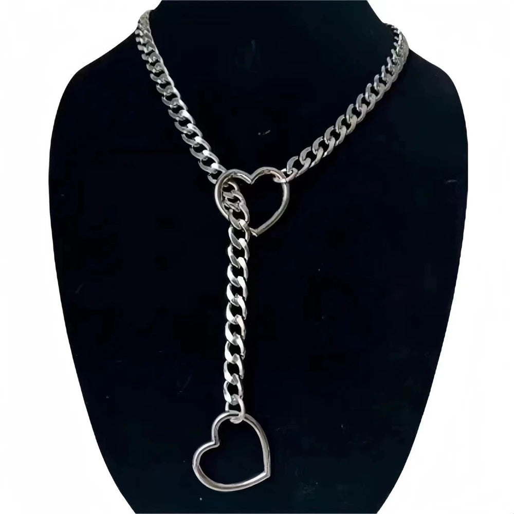 Y2K Silber Slip Kette Stern O-Ring Schloss Offenes Herz Charm Lariat Halskette für Frauen Punk Rock Cuban Link Kette Anhänger Y Halskette