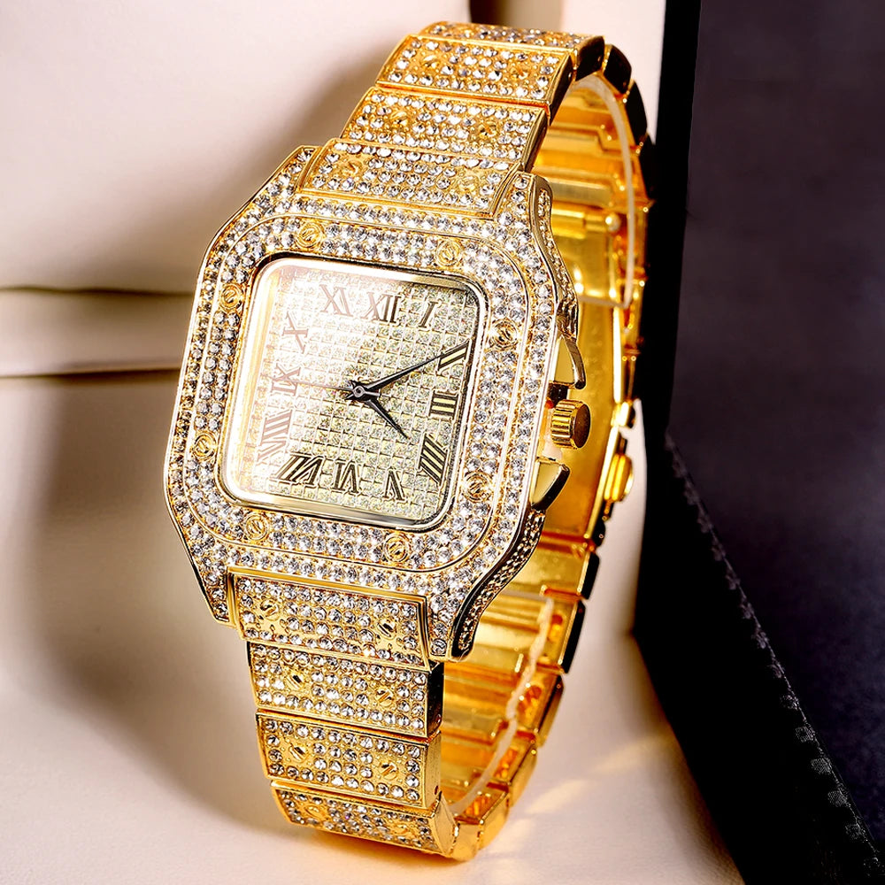Goldfarbene kubanische Kettenuhr für Herren, Hip Hop Miami Curb, Iced Out gepflasterte Strasssteine, Bling Rapper Halskette, Uhr + Armbandschmuck