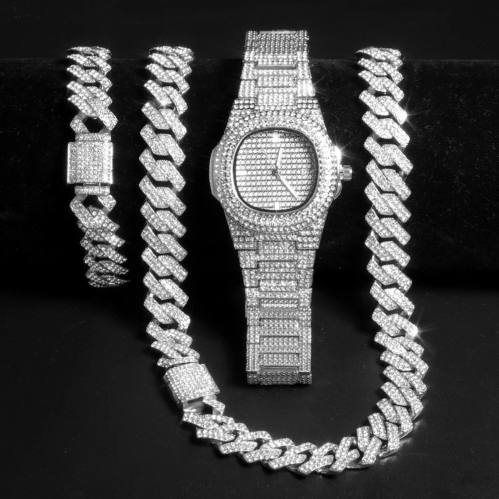 Goldfarbene kubanische Kettenuhr für Herren, Hip Hop Miami Curb, Iced Out gepflasterte Strasssteine, Bling Rapper Halskette, Uhr + Armbandschmuck