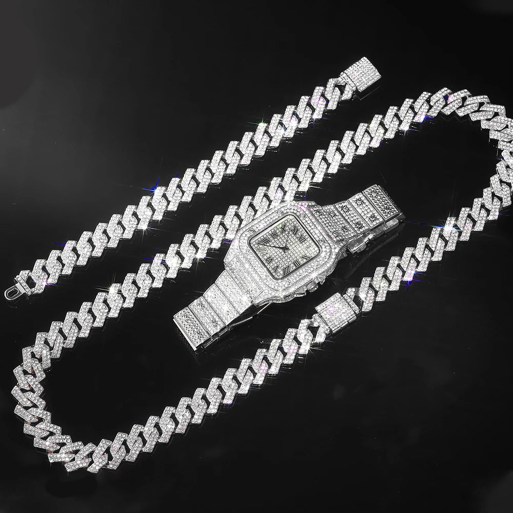 Goldfarbene kubanische Kettenuhr für Herren, Hip Hop Miami Curb, Iced Out gepflasterte Strasssteine, Bling Rapper Halskette, Uhr + Armbandschmuck