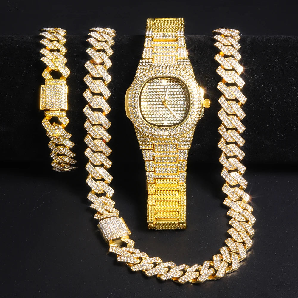 Goldfarbene kubanische Kettenuhr für Herren, Hip Hop Miami Curb, Iced Out gepflasterte Strasssteine, Bling Rapper Halskette, Uhr + Armbandschmuck