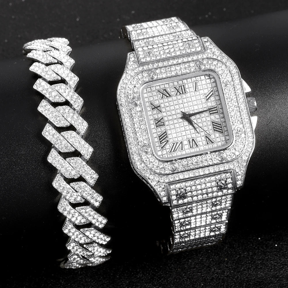 Goldfarbene kubanische Kettenuhr für Herren, Hip Hop Miami Curb, Iced Out gepflasterte Strasssteine, Bling Rapper Halskette, Uhr + Armbandschmuck