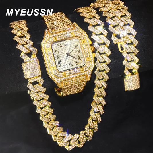 Goldfarbene kubanische Kettenuhr für Herren, Hip Hop Miami Curb, Iced Out gepflasterte Strasssteine, Bling Rapper Halskette, Uhr + Armbandschmuck