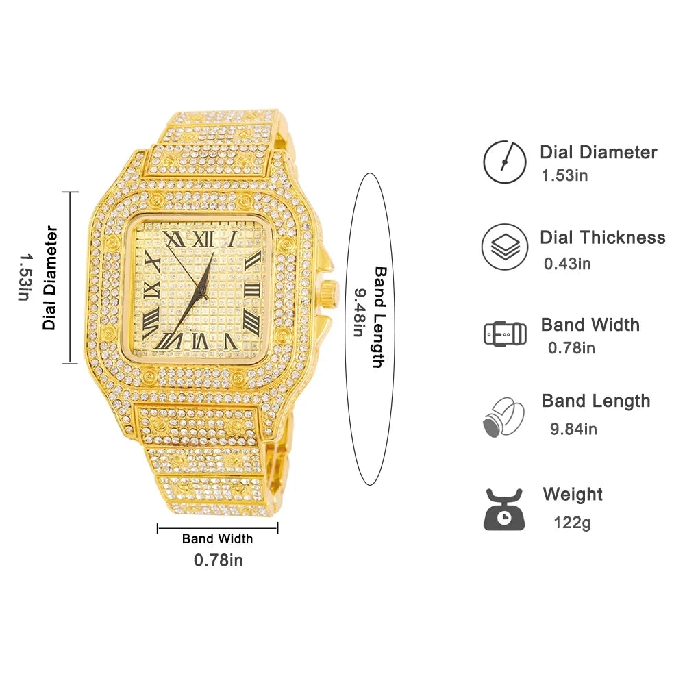 Goldfarbene kubanische Kettenuhr für Herren, Hip Hop Miami Curb, Iced Out gepflasterte Strasssteine, Bling Rapper Halskette, Uhr + Armbandschmuck
