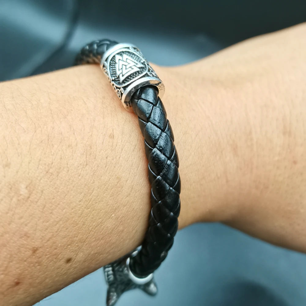 Dropshipping 1 stücke rune perle Wolf Kopf leder Armband Edelstahl viking Armband armreif für Männer schmuck