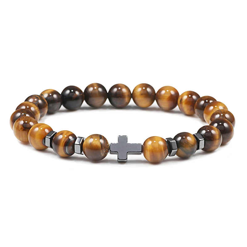 Gebet Männer Naturstein Holz Perlen Rosenkranz Hämatit Kreuz Armbänder Onyx Meditation Armband Frauen Yoga Schmuck Homme Pulsera
