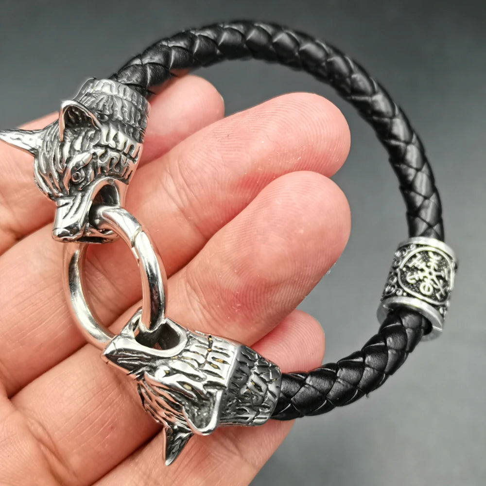 Dropshipping 1 stücke rune perle Wolf Kopf leder Armband Edelstahl viking Armband armreif für Männer schmuck