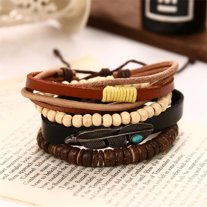 IFMIA Vintage Multi-Schicht Blatt Leder Armbänder für Männer Mode Handgemachte Holz Perlen Geflochtene Wrap Armband Schmuck Geschenk 2019 neue