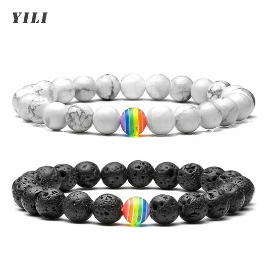 LGBT-Beziehungsarmband Rainbow Pride 8 mm weißes Howlith schwarzes Lavagestein-Armband Natursteinperlen Öldiffusor-Armbänder