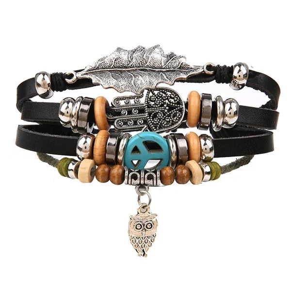 IFMIA Vintage Multi-Schicht Blatt Leder Armbänder für Männer Mode Handgemachte Holz Perlen Geflochtene Wrap Armband Schmuck Geschenk 2019 neue