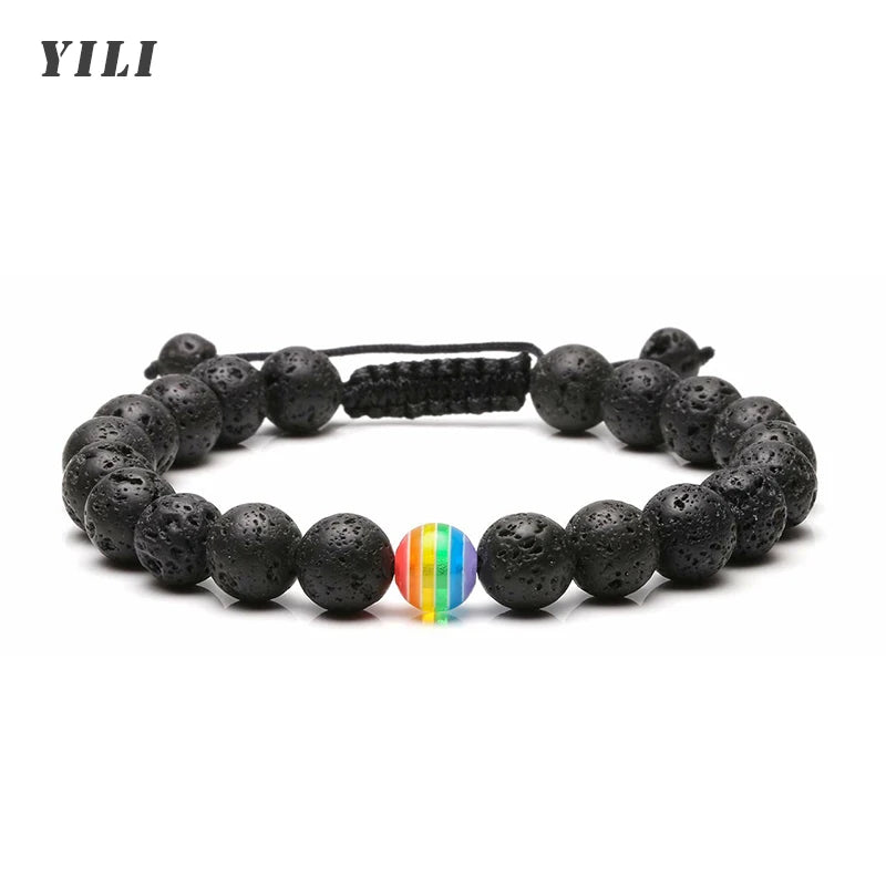 LGBT-Beziehungsarmband Rainbow Pride 8 mm weißes Howlith schwarzes Lavagestein-Armband Natursteinperlen Öldiffusor-Armbänder