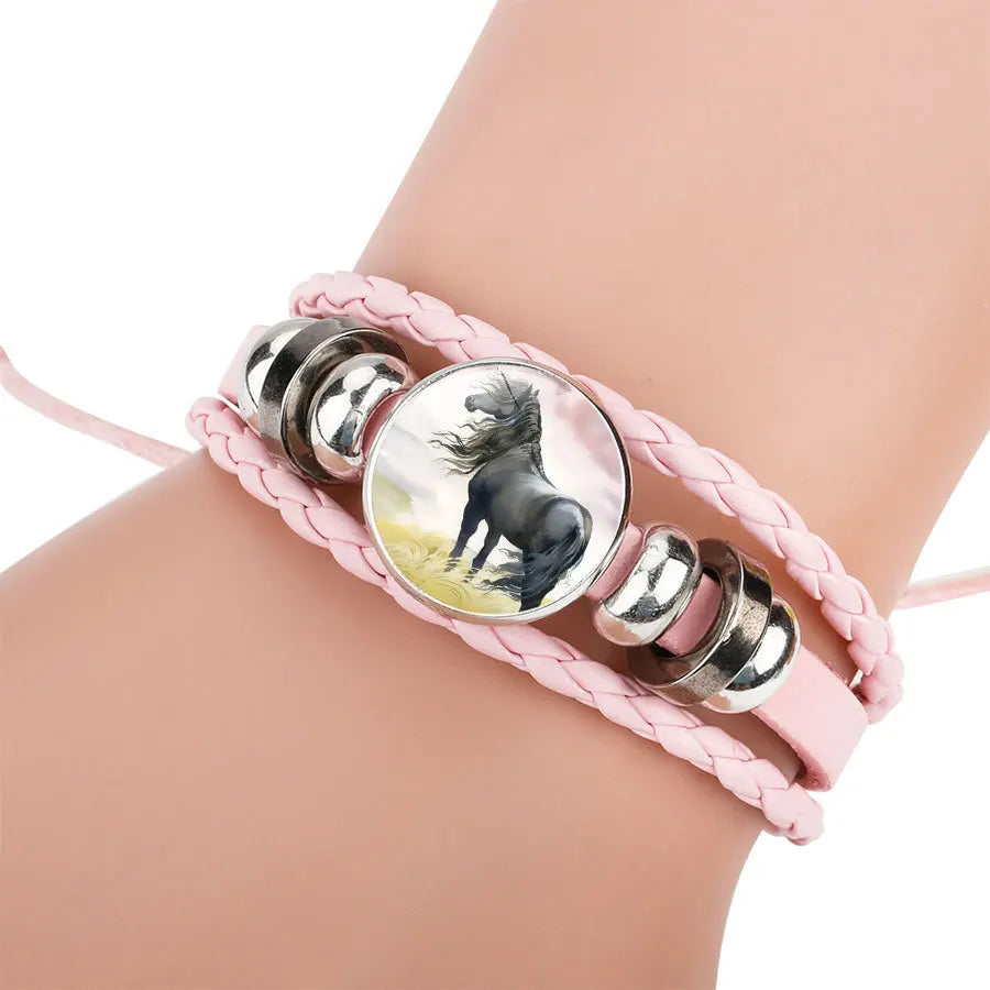 Neue Stil Multi-Farbe Leder Cartoon Pferd Muster Handgemachte Perlen Gewebt Armband Lila Multi-Schicht Pferd Armband