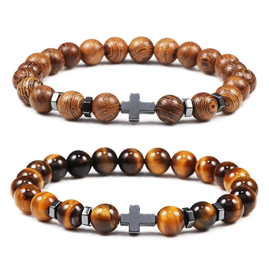 Gebet Männer Naturstein Holz Perlen Rosenkranz Hämatit Kreuz Armbänder Onyx Meditation Armband Frauen Yoga Schmuck Homme Pulsera