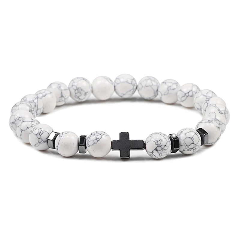 Gebet Männer Naturstein Holz Perlen Rosenkranz Hämatit Kreuz Armbänder Onyx Meditation Armband Frauen Yoga Schmuck Homme Pulsera