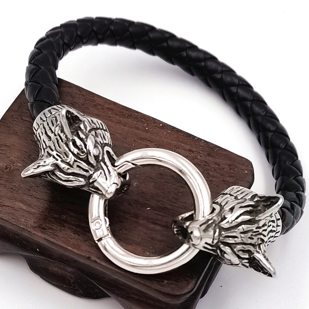 Dropshipping 1 stücke rune perle Wolf Kopf leder Armband Edelstahl viking Armband armreif für Männer schmuck