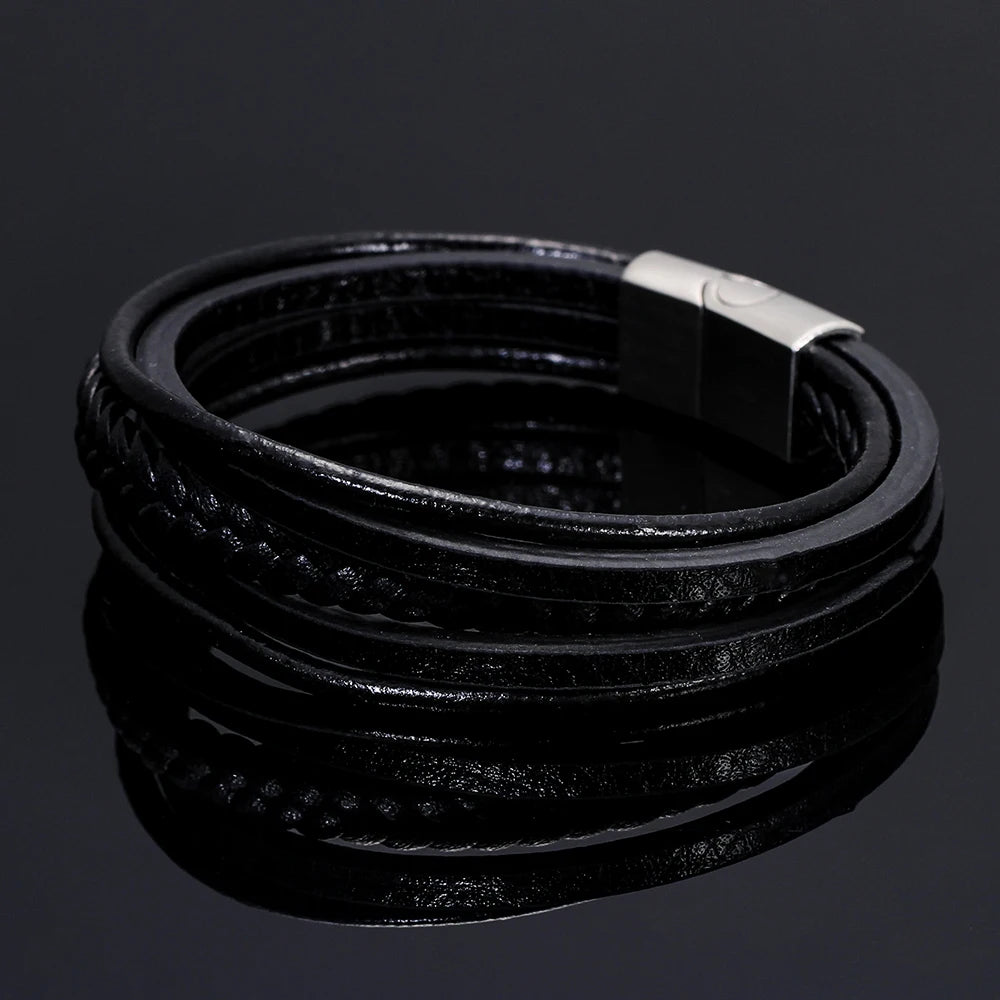 Fünf-runden männer leder armband männer schwarz braun edelstahl unendliche charme echt leder armband mode schmuck