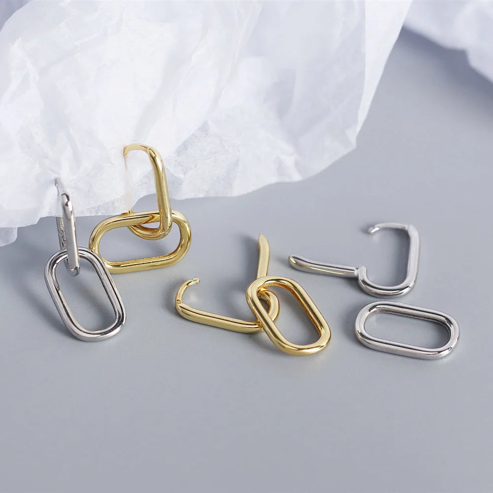 Authentische geometrische ovale Creolen aus 925er-Sterlingsilber für Damen, einfache abnehmbare Ohrringe im Metallstil für Damen E-073