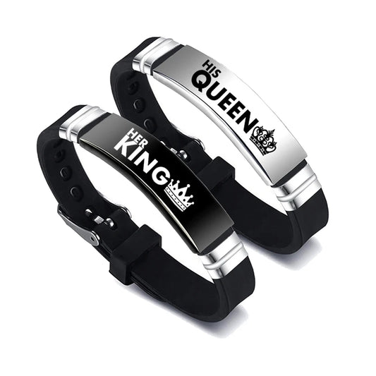 2-teiliges Set „Seine Königin, Ihr König“-Paar-Armband, Edelstahl, verstellbarer Silikonarmband-Armreif, Valentinstagsgeschenk