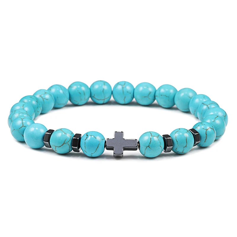Gebet Männer Naturstein Holz Perlen Rosenkranz Hämatit Kreuz Armbänder Onyx Meditation Armband Frauen Yoga Schmuck Homme Pulsera