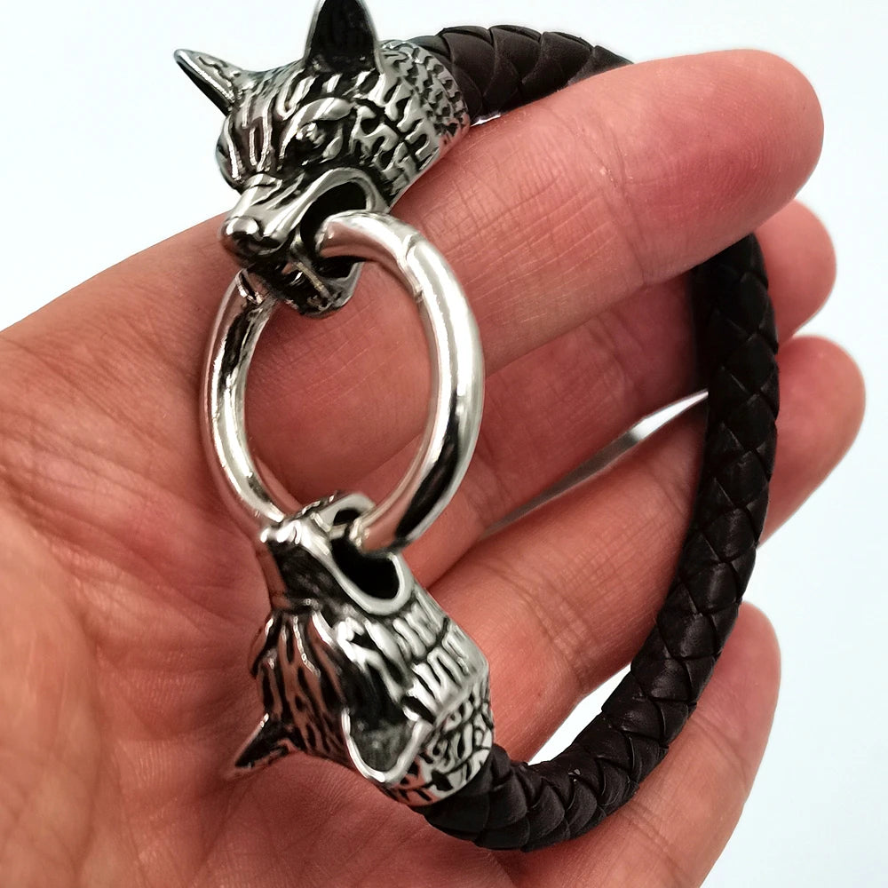 Dropshipping 1 stücke rune perle Wolf Kopf leder Armband Edelstahl viking Armband armreif für Männer schmuck